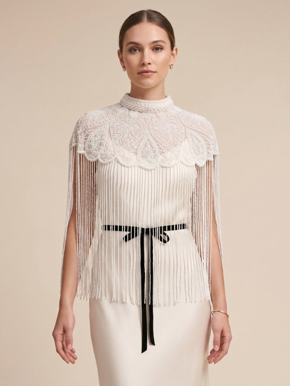 NEW Ivory Beaded Capelet, Embroidered High-Neck Bridal Shoulder Cover Up